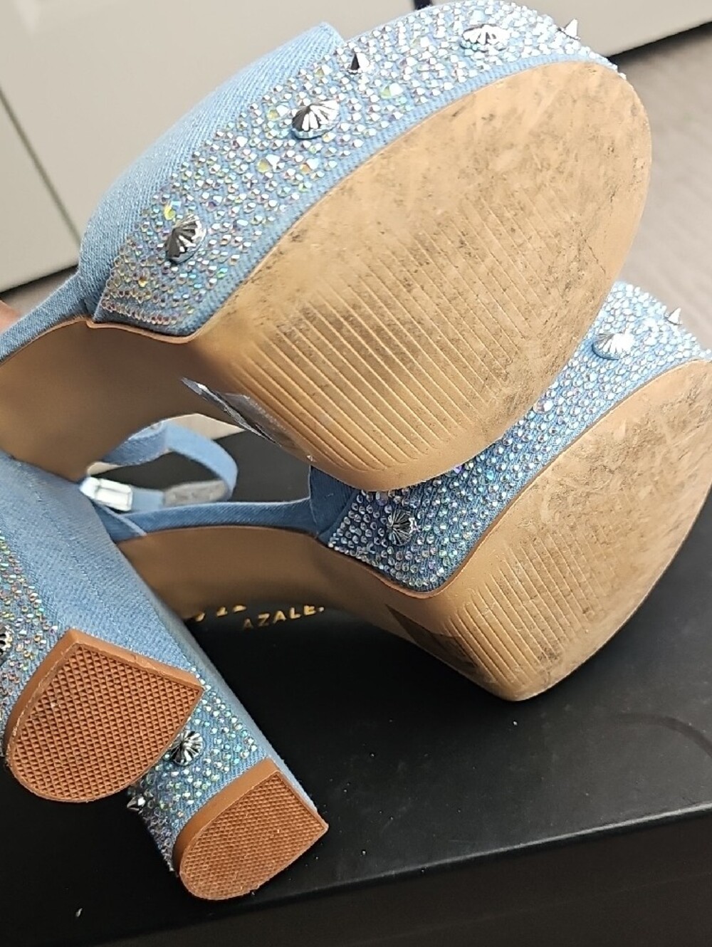 Light Blue Platform Ankle-Strap High Heels with Rhinestone Embellishment - Picture 6 of 10